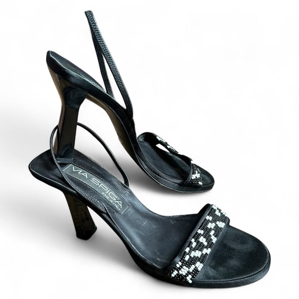 Via Spiga Black Beaded Strappy Heels - Elegant Slingback Sandals 7.5M